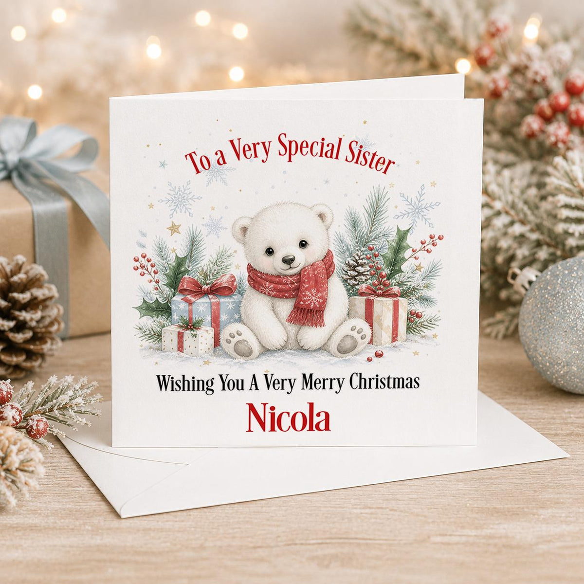 Personalised polar bear Christmas card, white 6x6 inch square card printed with a polar bear cub in a red scarf and presents with a name