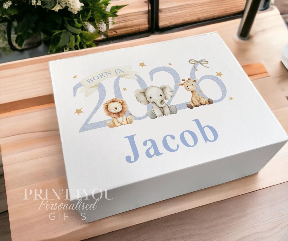 Personalised baby keepsake memory box with magnetic closure lid, ready for a printed name