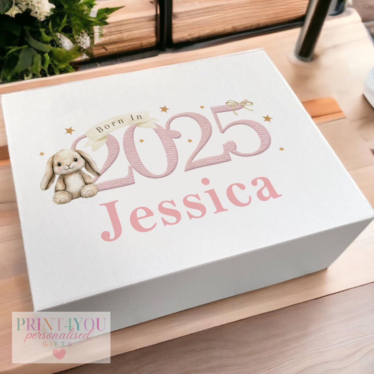 White personalised first birthday keepsake box with magnetic closure and pink bunny rabbit design, medium size