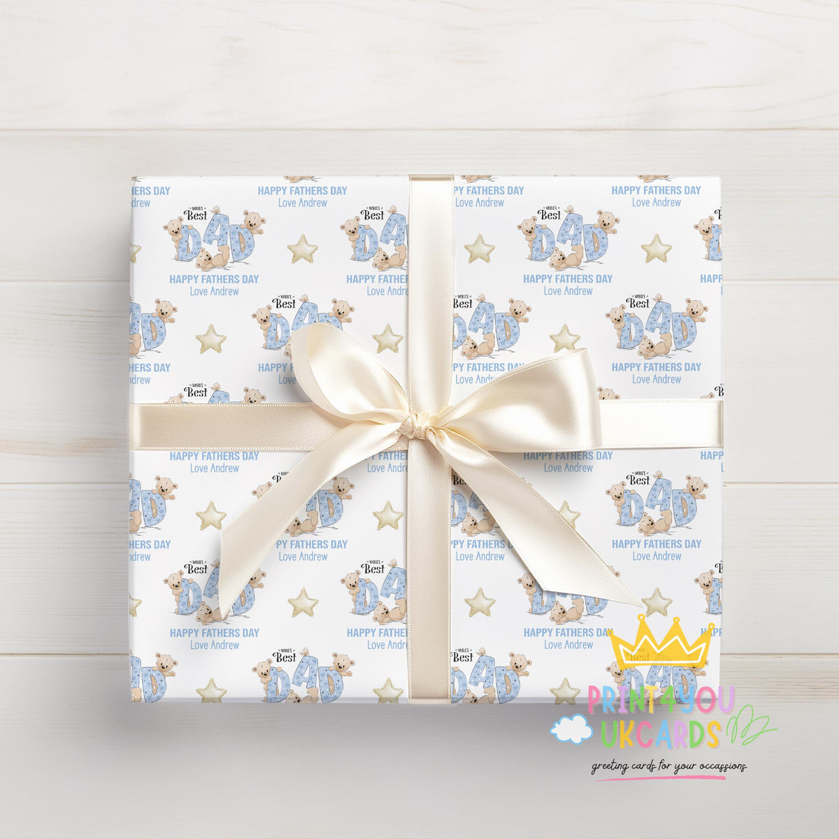 Personalised Father's Day wrapping paper sheet laid flat showing the full teddy bear pattern