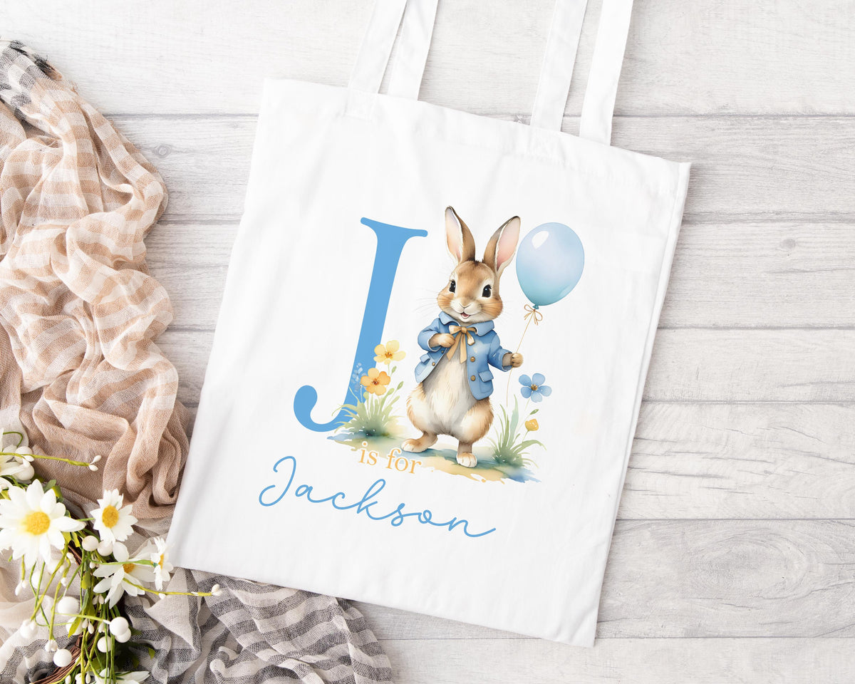 Personalised bunny rabbit Easter tote bag in cotton, printed with child's custom name