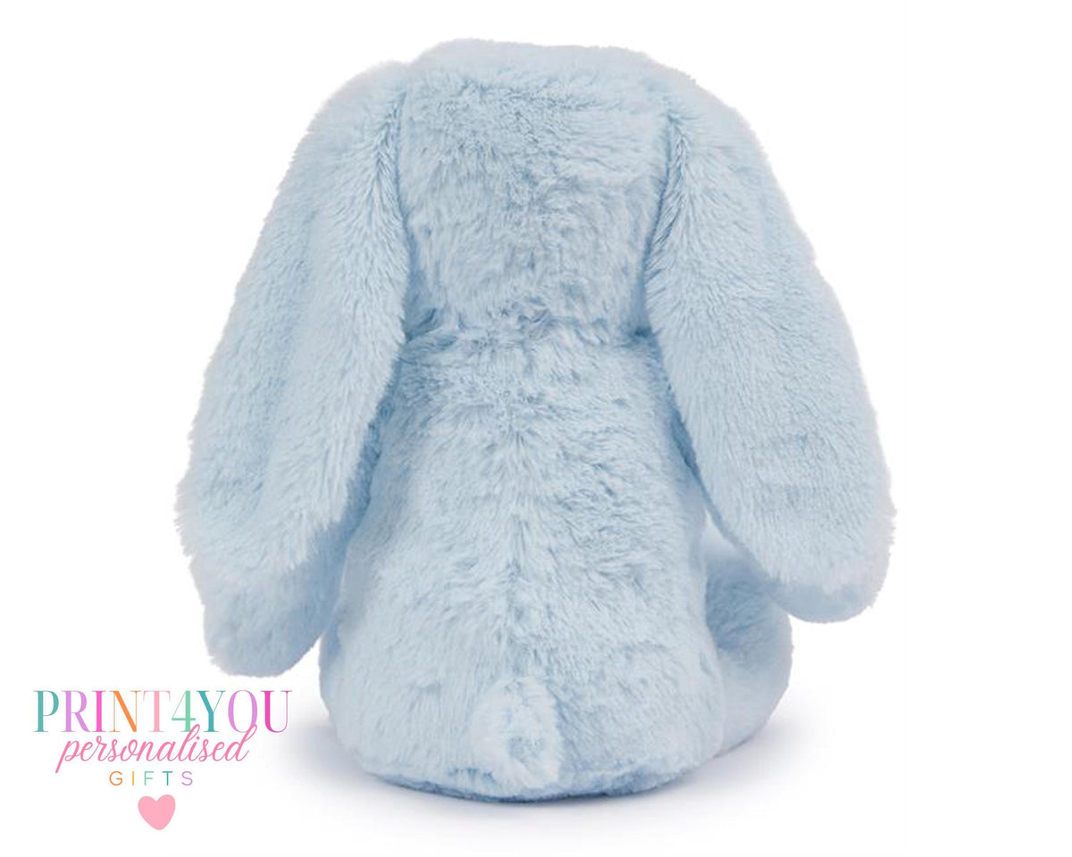 Personalised first birthday bunny soft toy, safari design, close up of print
