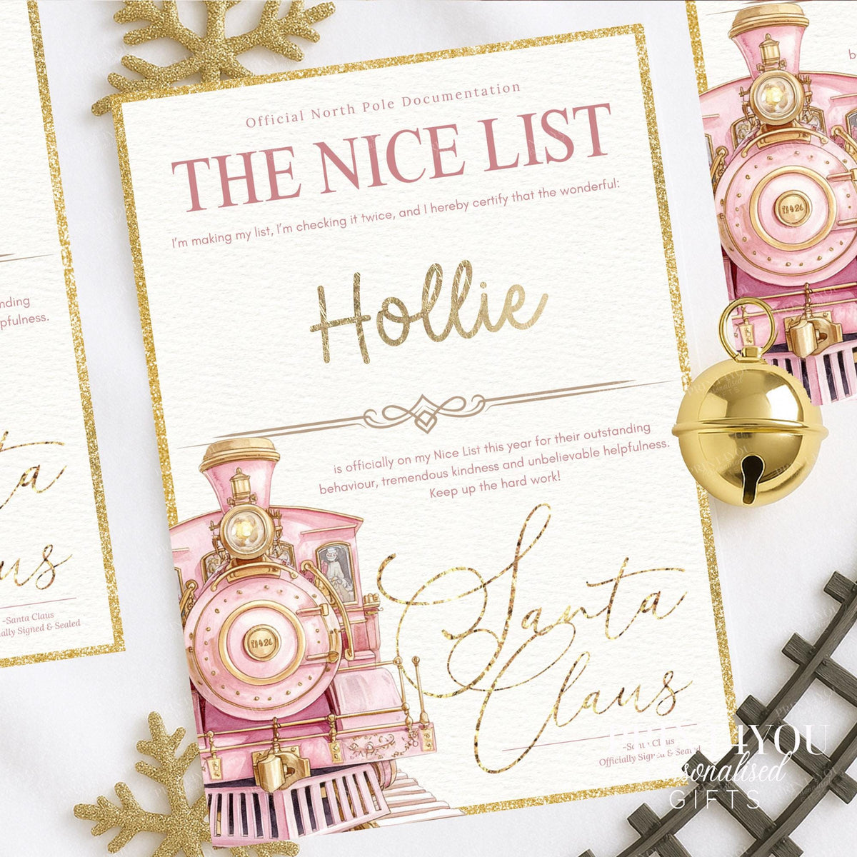 Personalised Nice List certificate with child's name in gold foil on a pink festive train design, A4 glossy card