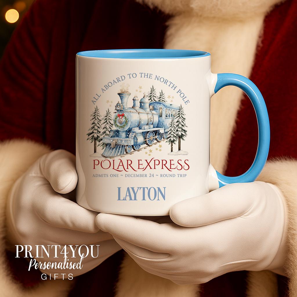 Personalised Polar Express Christmas mug with plain white handle and snowy train design, printed with a custom name