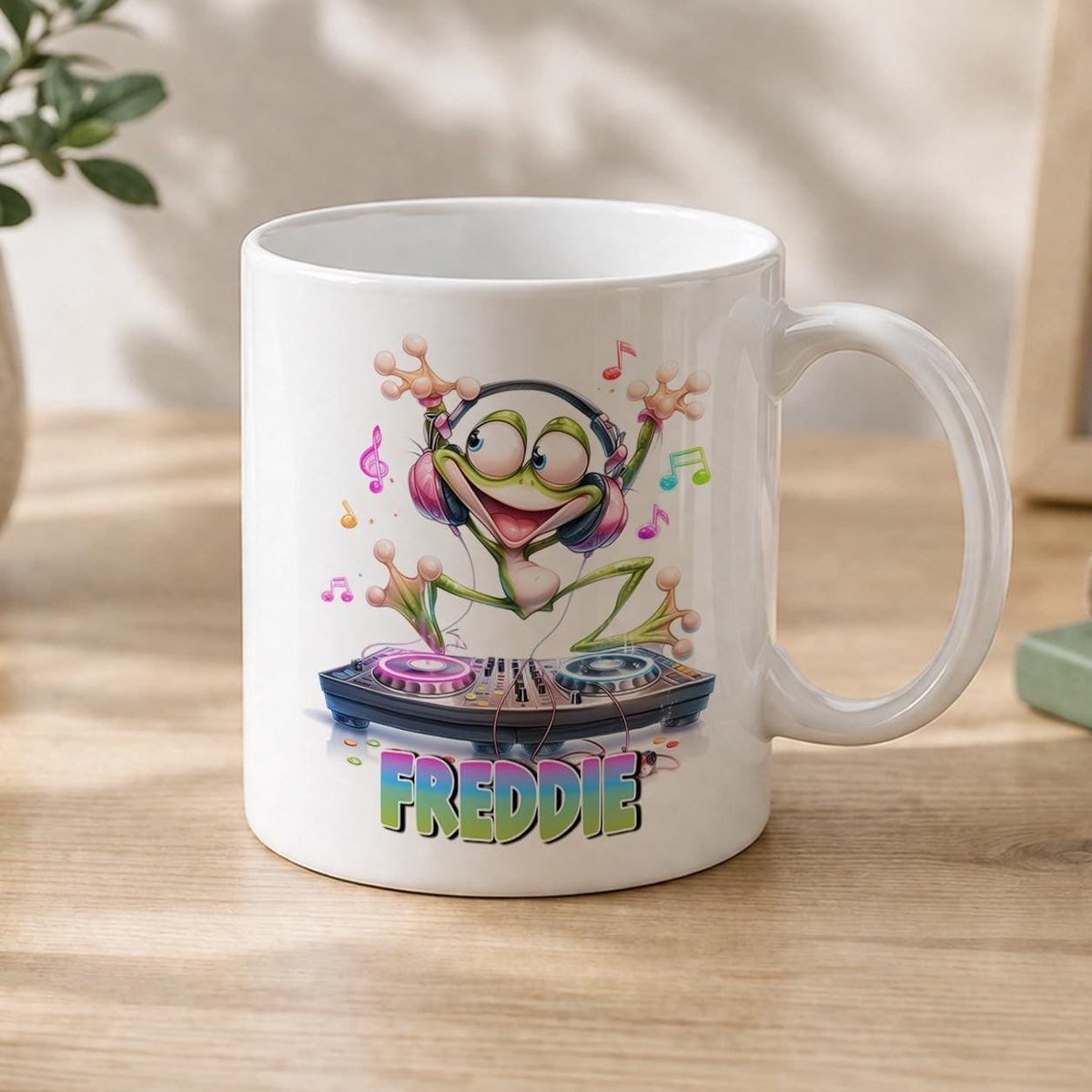 Personalised DJ frog mug, kids music mug with glossy finish