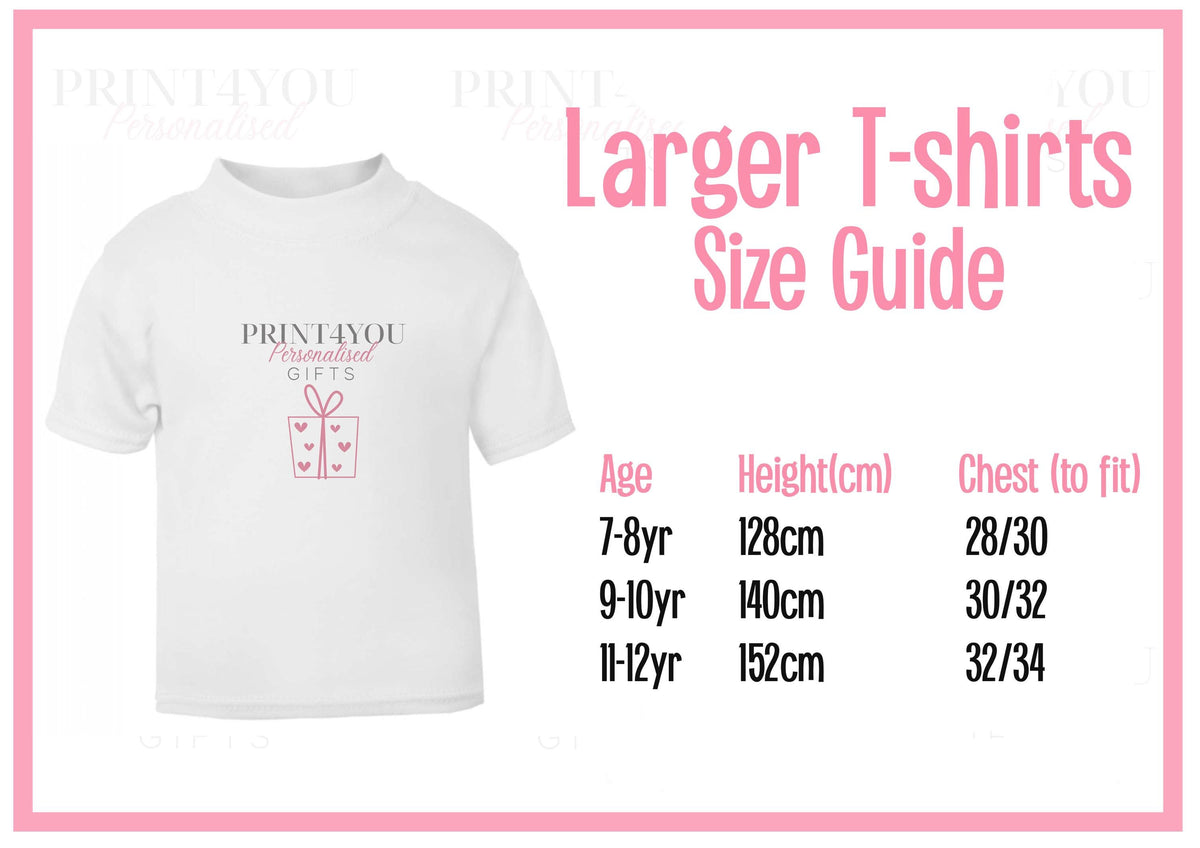 White kids' t-shirt with a personalised pink safari 'TWO' birthday design, shown alongside a size guide for larger sizes