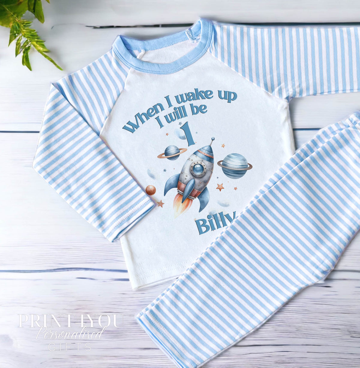 Personalised blue striped pyjamas with space rocket design, size 2-3 years