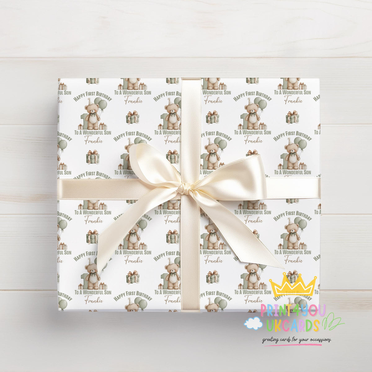 Personalised teddy bear son birthday wrapping paper printed to order