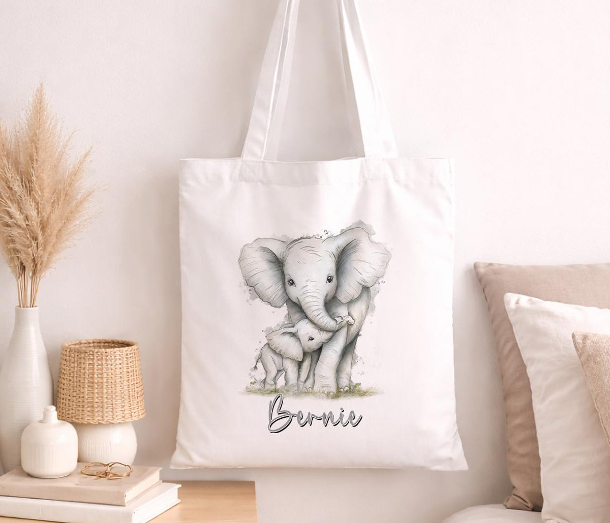 Cotton tote bag printed with a soft grey elephant illustration and a personalised custom name
