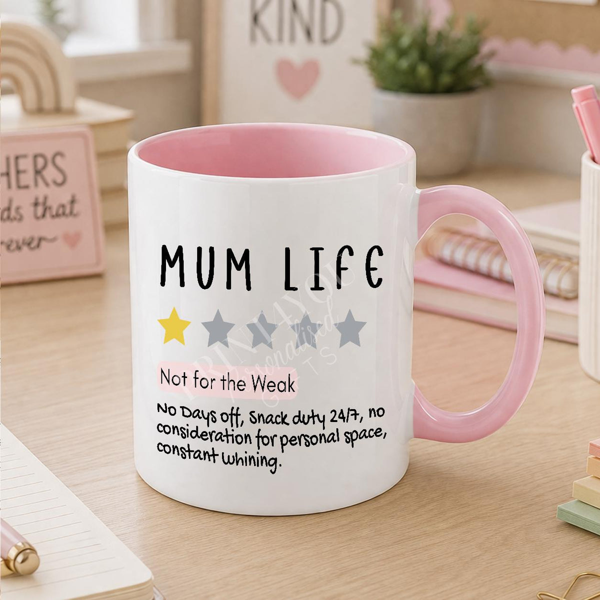 White ceramic mug printed with a funny mum life design