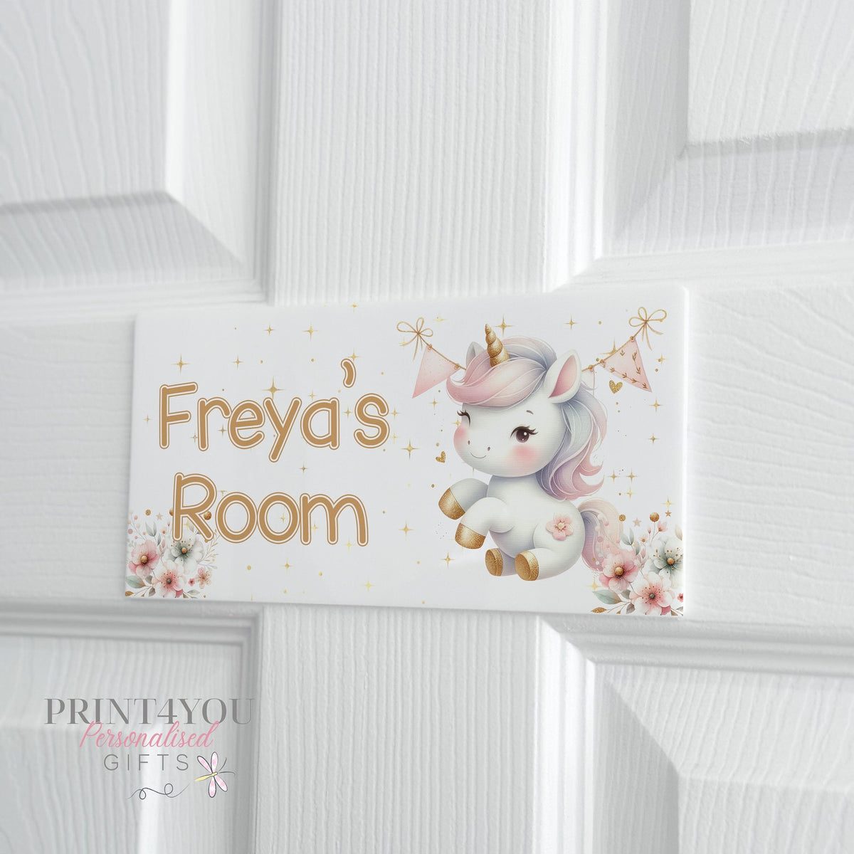 Personalised white acrylic bedroom door plaque with cute baby unicorn design
