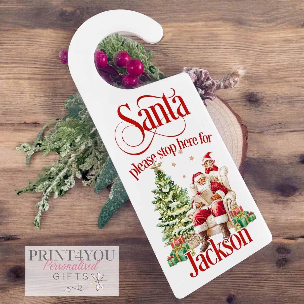 Personalised white acrylic Santa and Elf Stop Here door hanger with custom name, 23cm x 9cm