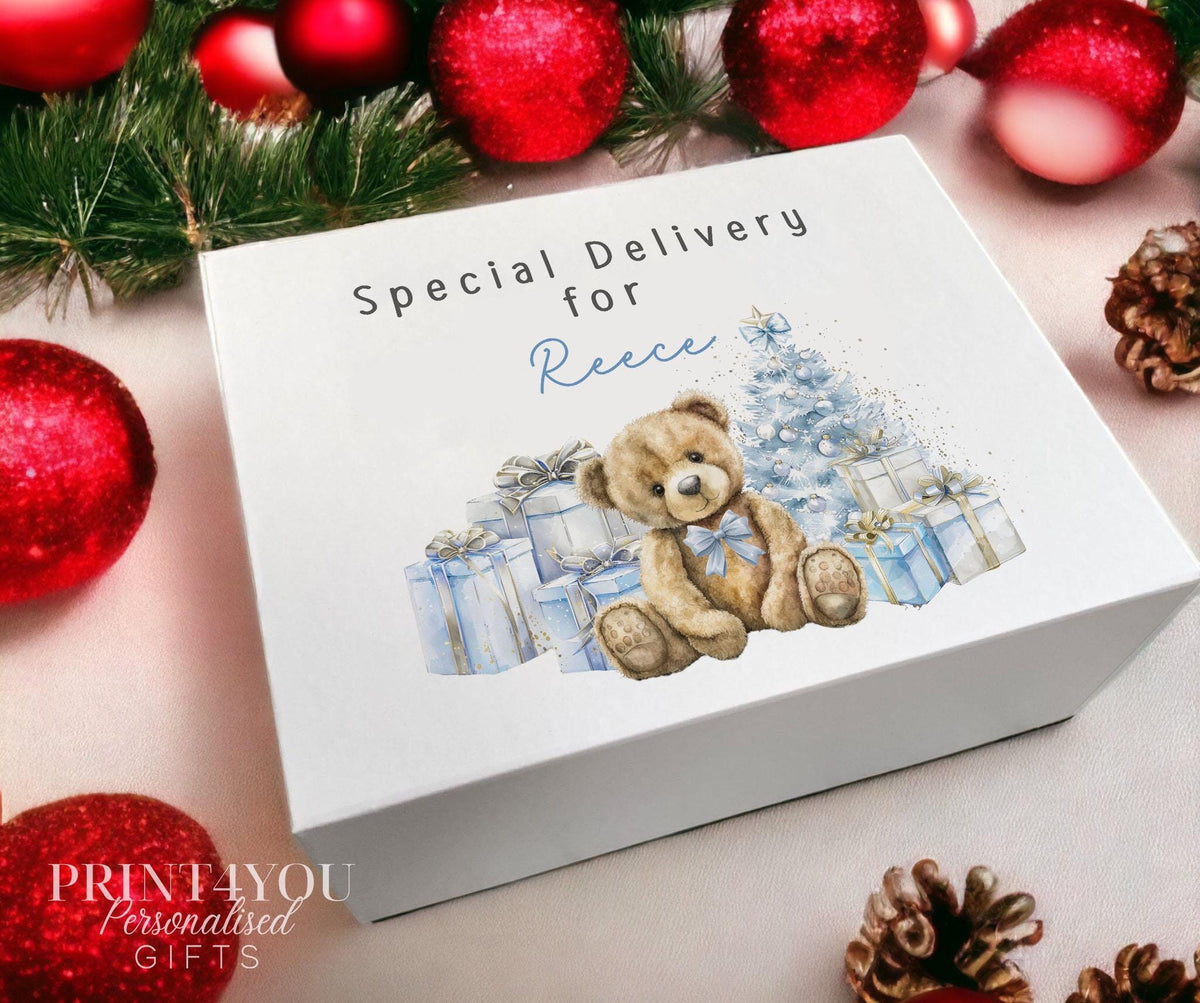 Personalised Blue Teddy Bear Christmas Eve box, white magnetic lid gift box with custom name, Medium size shown