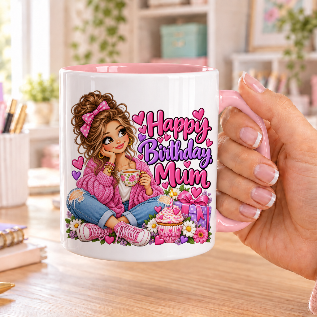 Happy Birthday Mum birthday design – white ceramic mug with pink handle and pink inside