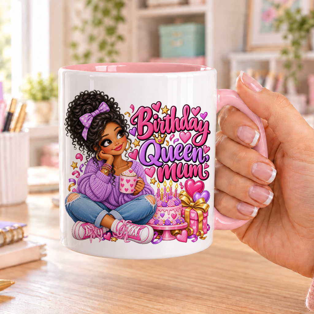 Birthday Queen Mum birthday design – white ceramic mug with pink handle and pink inside