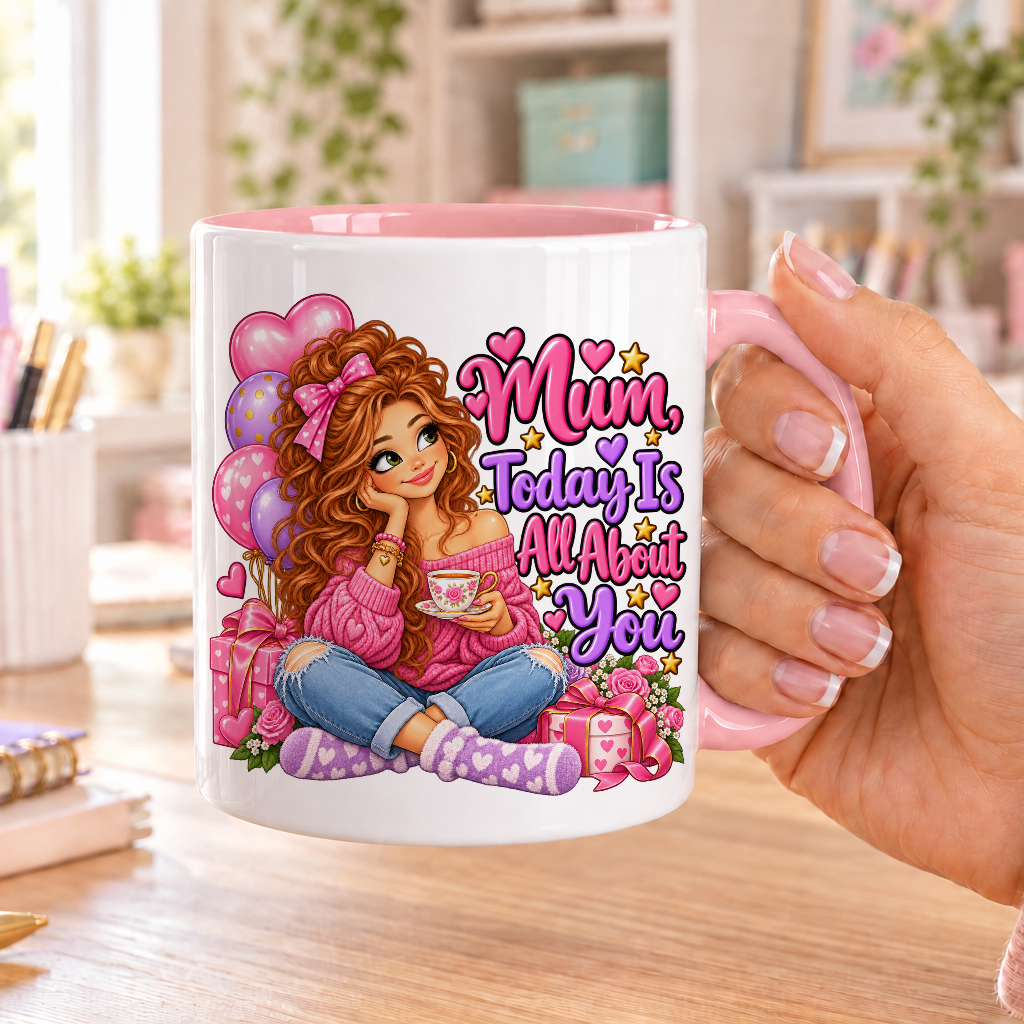 Mum Today Is All About You birthday design – white ceramic mug with pink handle and pink inside