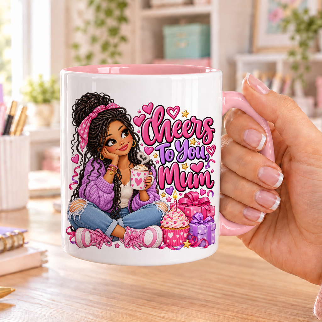Cheers to You Mum birthday design – white ceramic mug with pink handle and pink inside