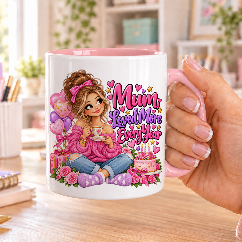 Mum Loved More Every Year birthday design – white ceramic mug with pink handle and pink inside