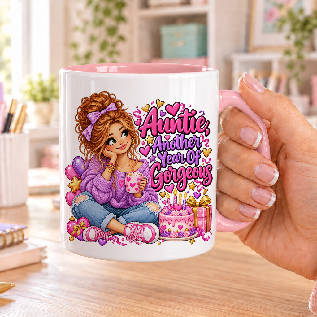 Auntie Another Year of Gorgeous birthday design – white ceramic mug with pink handle and pink inside