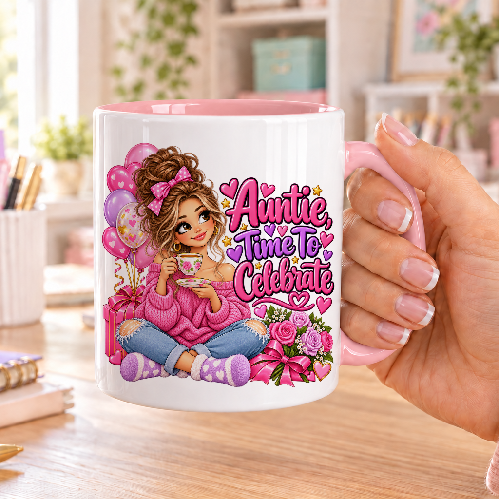 Auntie Time to Celebrate birthday design – white ceramic mug with pink handle and pink inside