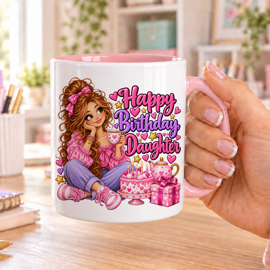 Happy Birthday Daughter birthday design – white ceramic mug with pink handle and pink inside