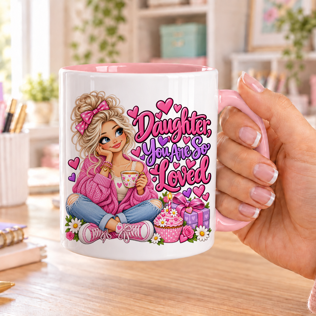 Daughter You Are So Loved birthday design – white ceramic mug with pink handle and pink inside