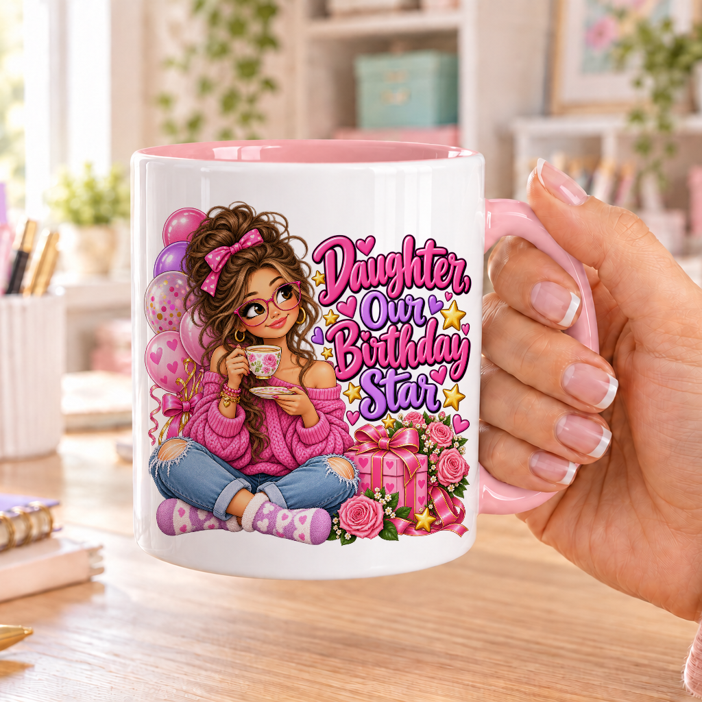 Daughter Our Birthday Star birthday design – white ceramic mug with pink handle and pink inside