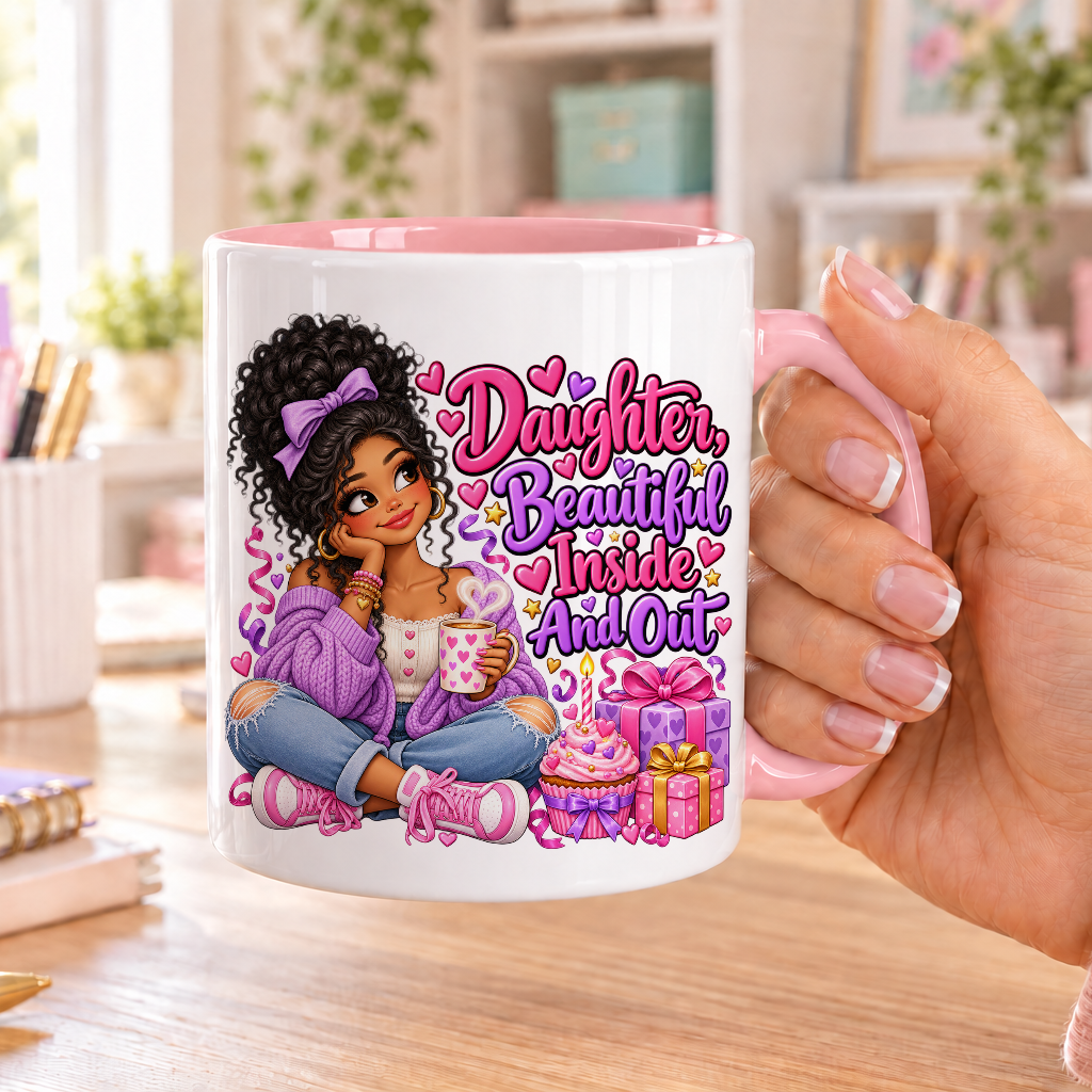Daughter Beautiful Inside and Out birthday design – white ceramic mug with pink handle and pink inside
