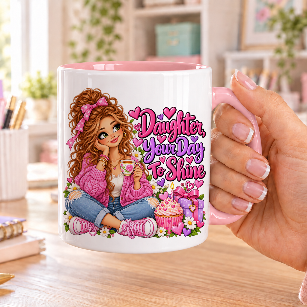 Daughter Your Day to Shine birthday design – white ceramic mug with pink handle and pink inside