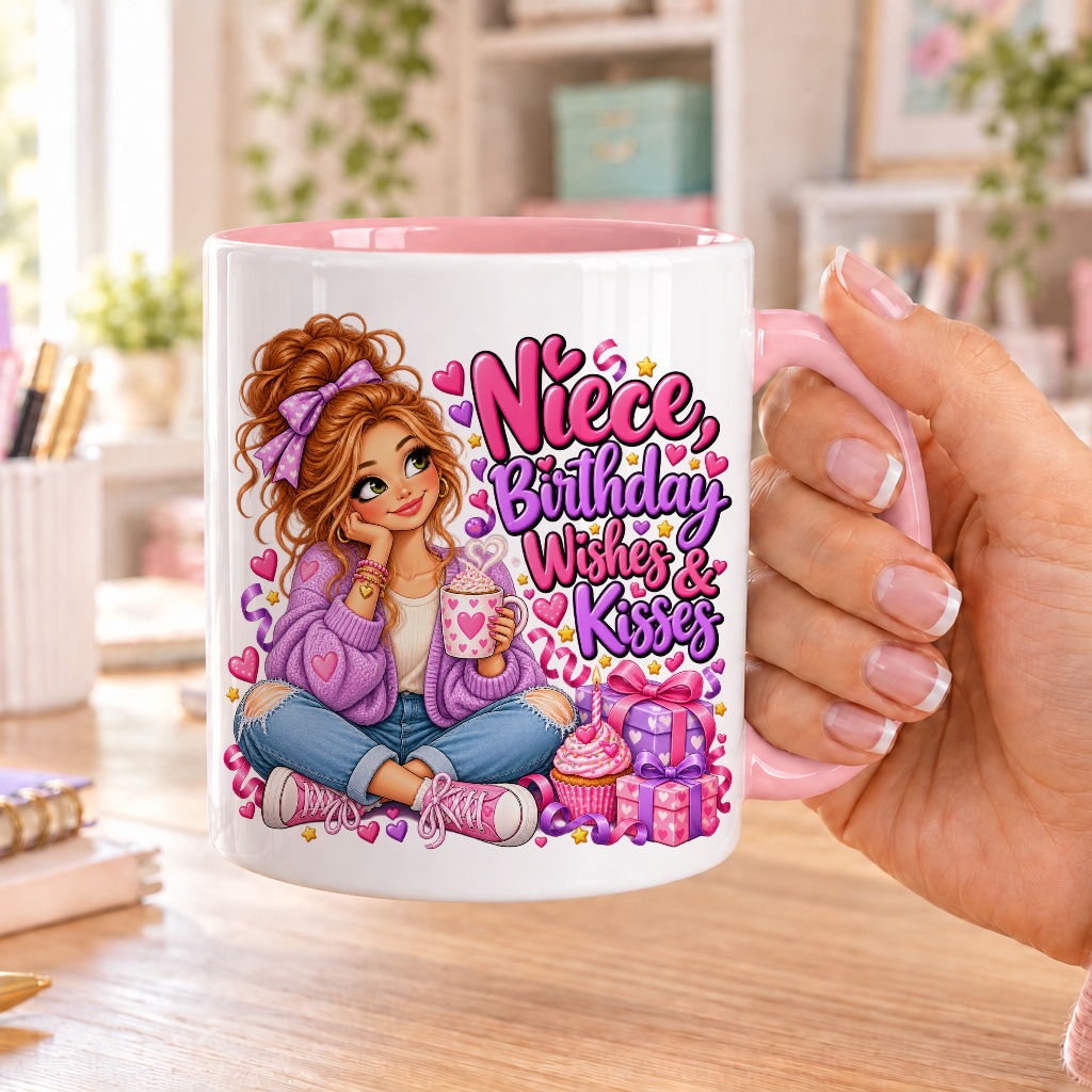 Niece Birthday Wishes and Kisses birthday design – white ceramic mug with pink handle and pink inside