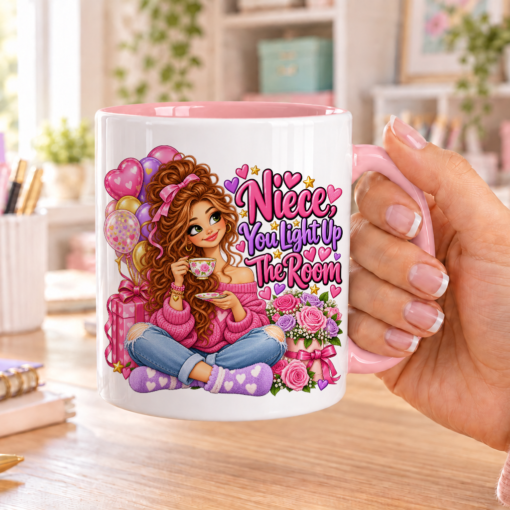 Niece You Light Up the Room birthday design – white ceramic mug with pink handle and pink inside