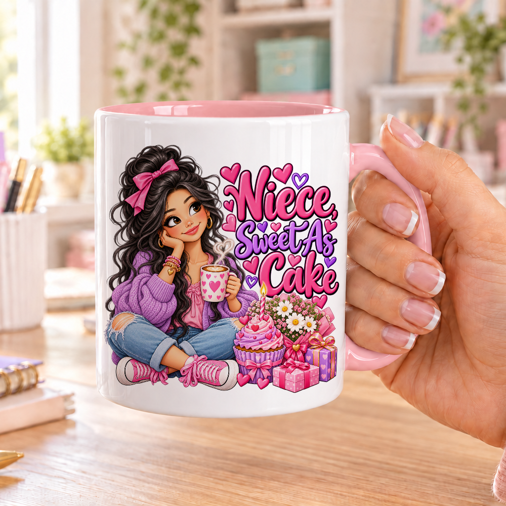 Niece Sweet as Cake birthday design – white ceramic mug with pink handle and pink inside