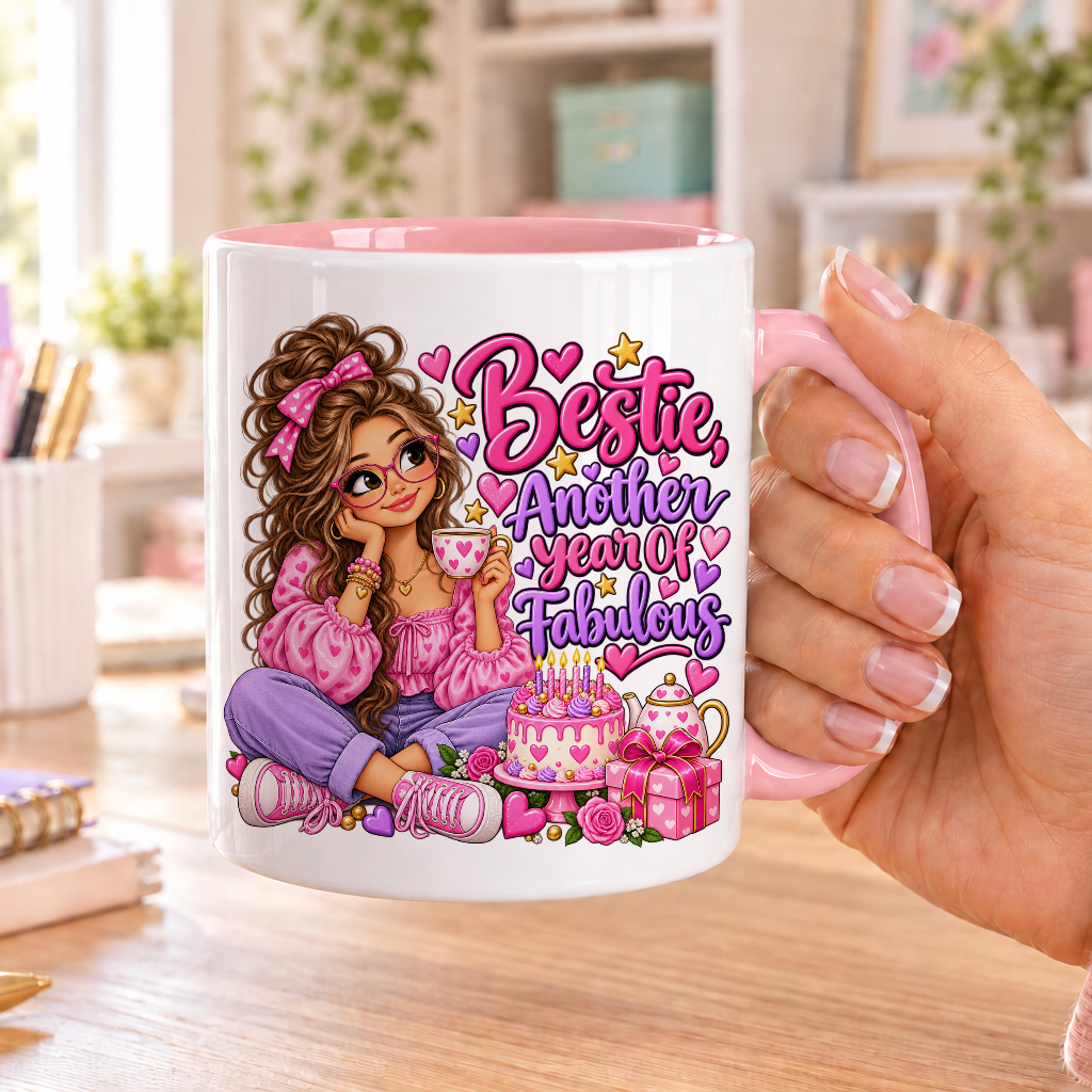 Bestie Another Year of Fabulous birthday design – white ceramic mug with pink handle and pink inside