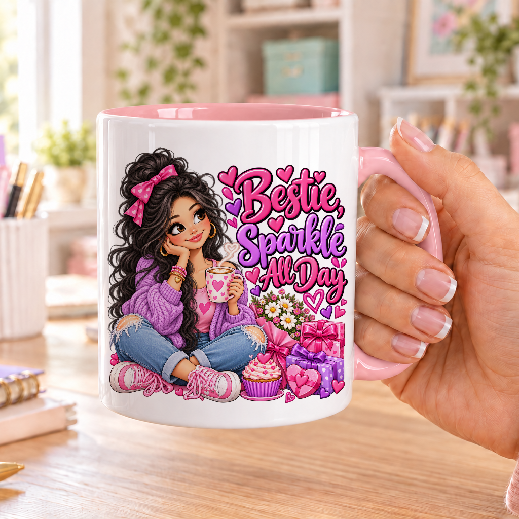 Bestie Sparkle All Day birthday design – white ceramic mug with pink handle and pink inside