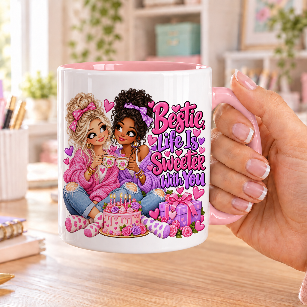 Bestie Life Is Sweeter with You birthday design – white ceramic mug with pink handle and pink inside