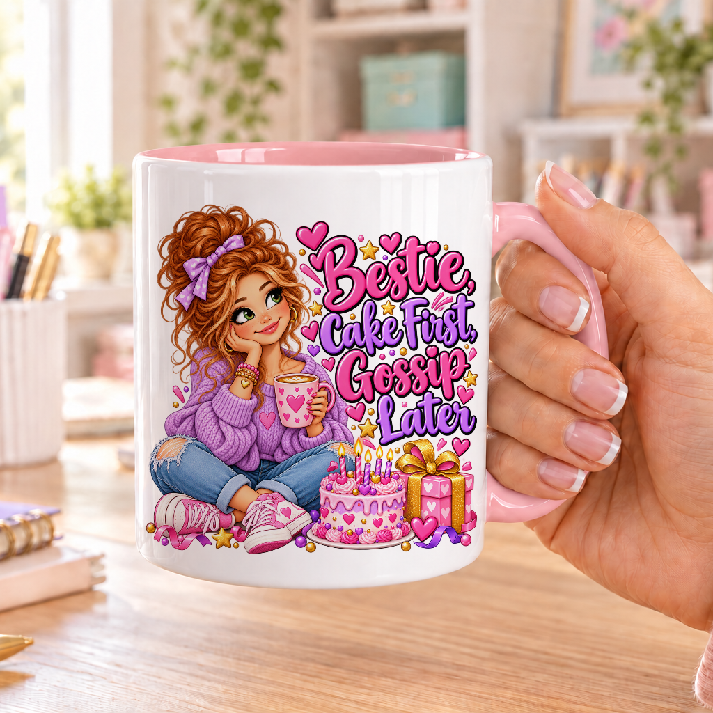 Bestie Cake First Gossip Later birthday design – white ceramic mug with pink handle and pink inside