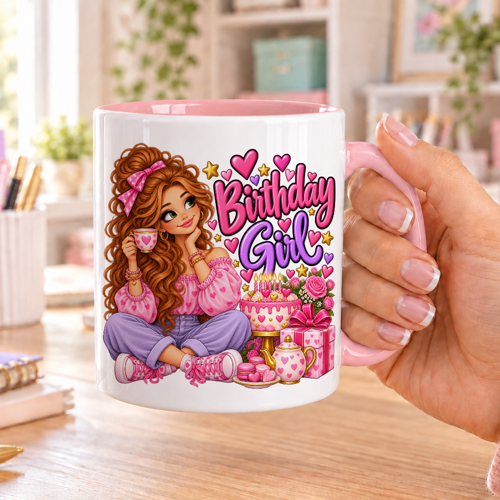 Birthday Girl birthday design – white ceramic mug with pink handle and pink inside