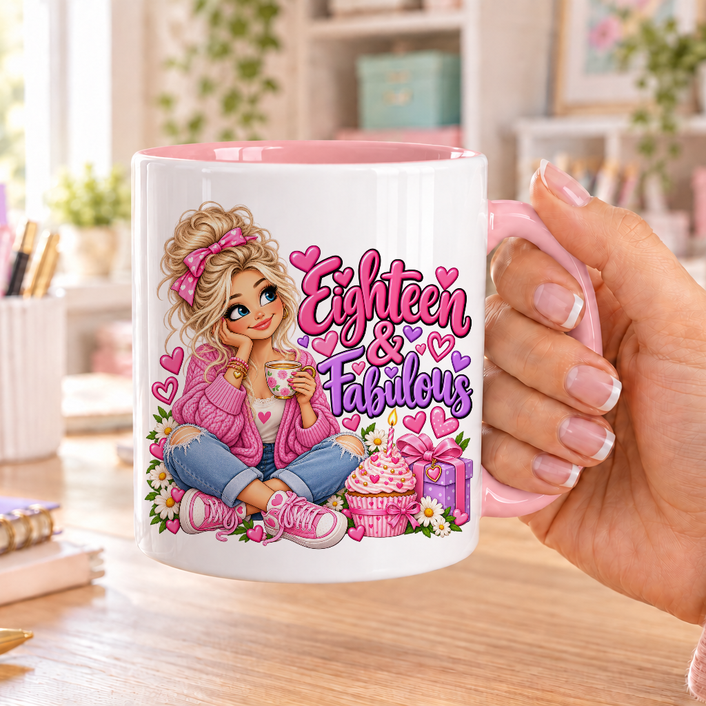 Eighteen and Fabulous birthday design – white ceramic mug with pink handle and pink inside