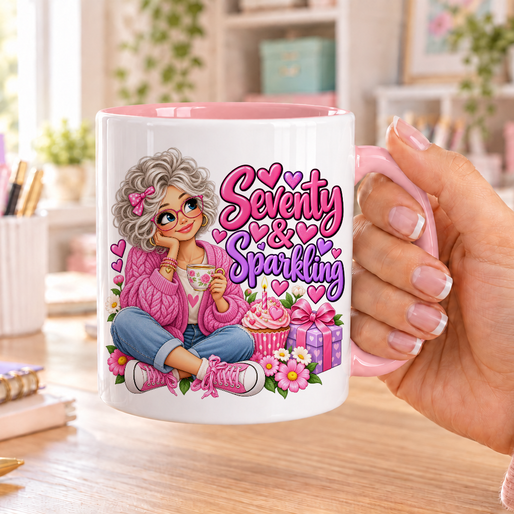 Seventy and Sparkling birthday design – white ceramic mug with pink handle and pink inside