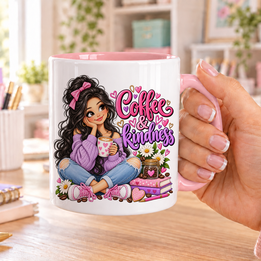 Coffee and Kindness design – white ceramic mug with pink handle and pink inside