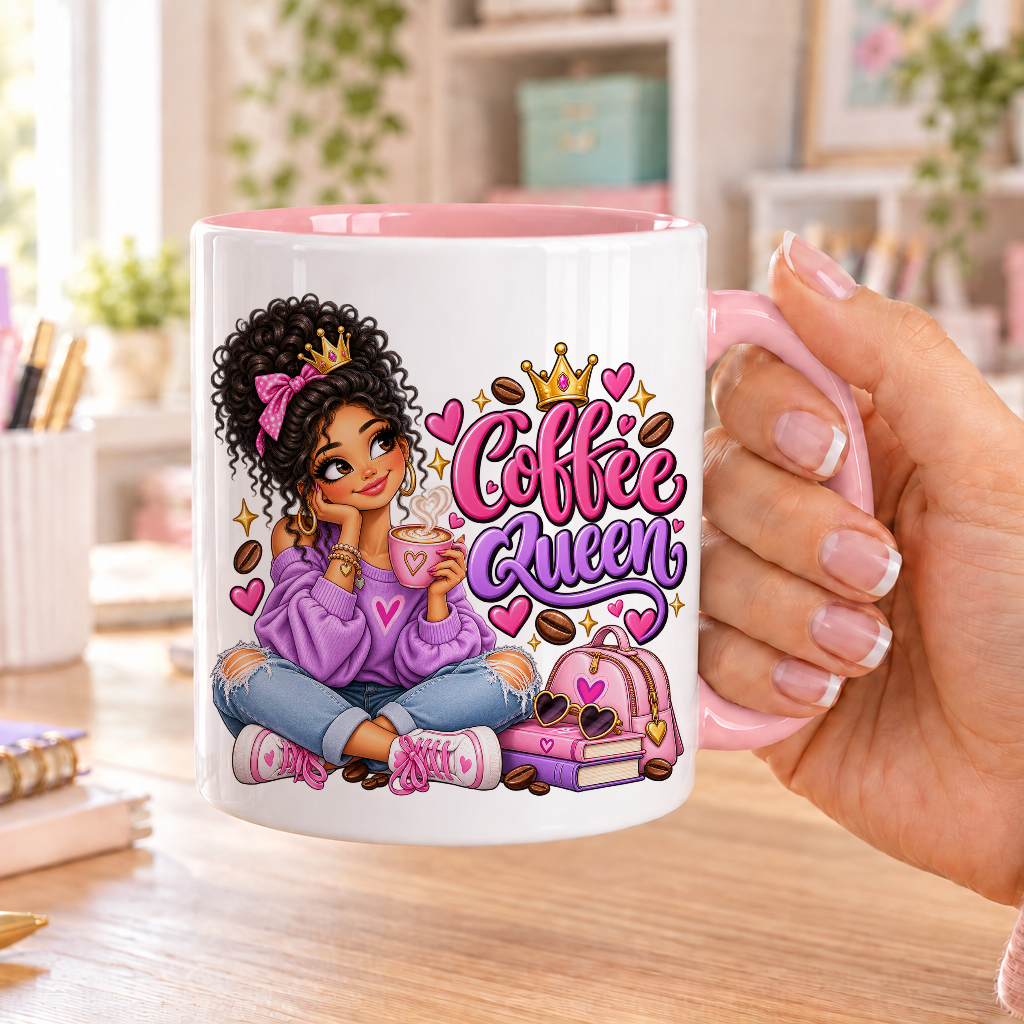 Coffee Queen design – white ceramic mug with pink handle and pink inside