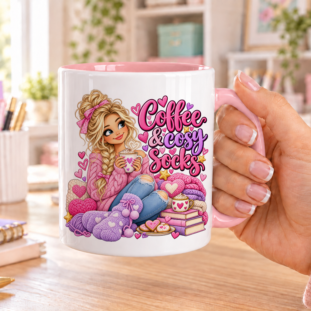 Coffee and Cosy Socks design – white ceramic mug with pink handle and pink inside