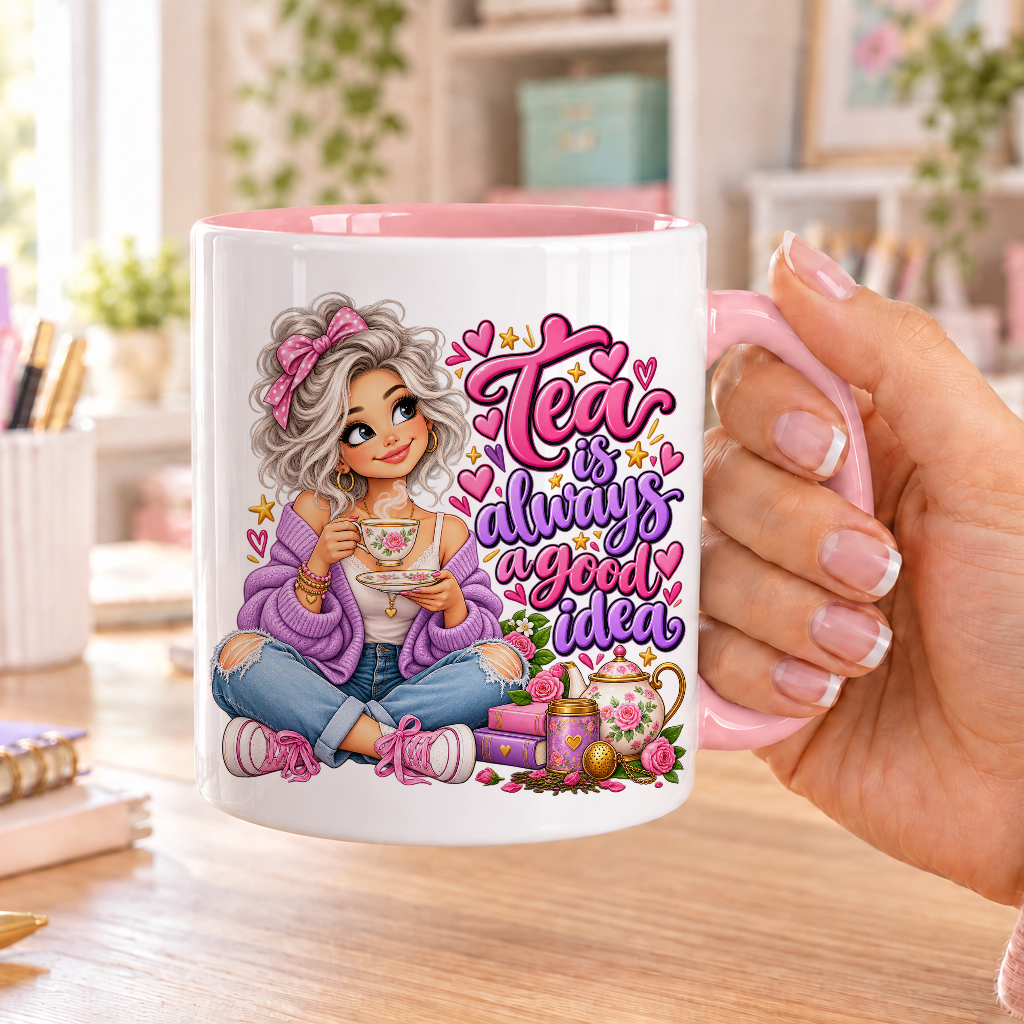 Tea is Always a Good Idea design – white ceramic mug with pink handle and pink inside