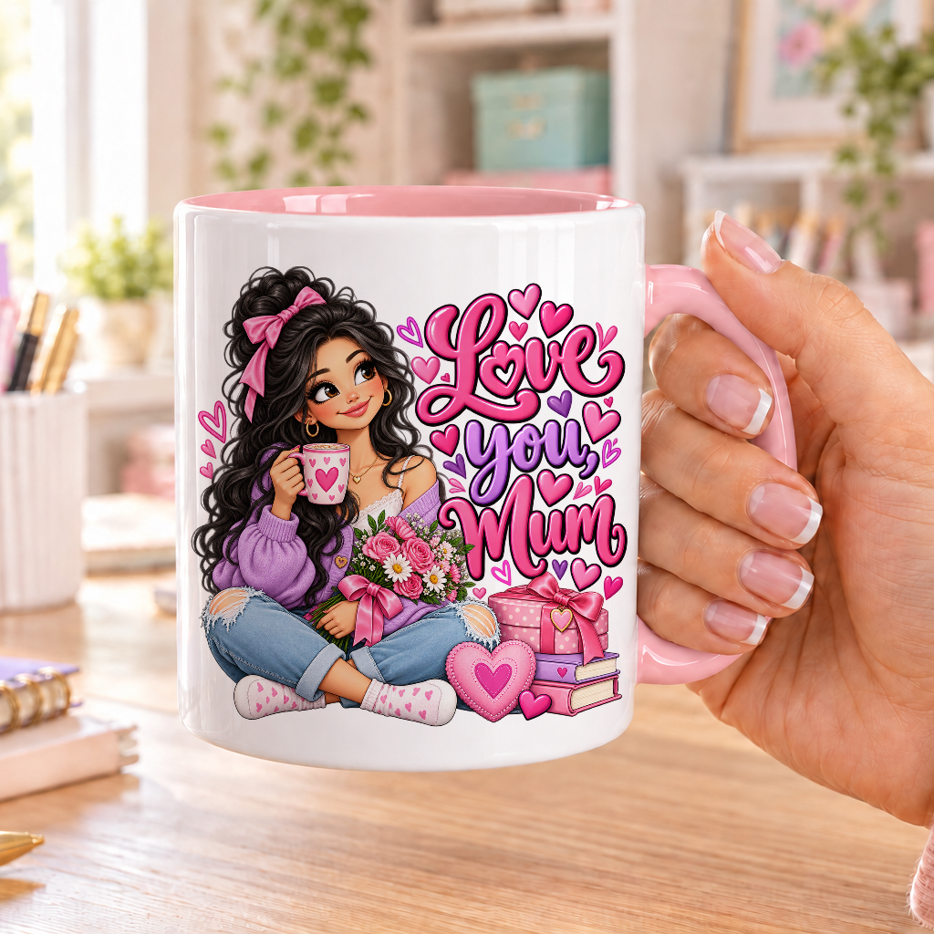 Love you Mum design – white ceramic mug with pink handle and pink inside