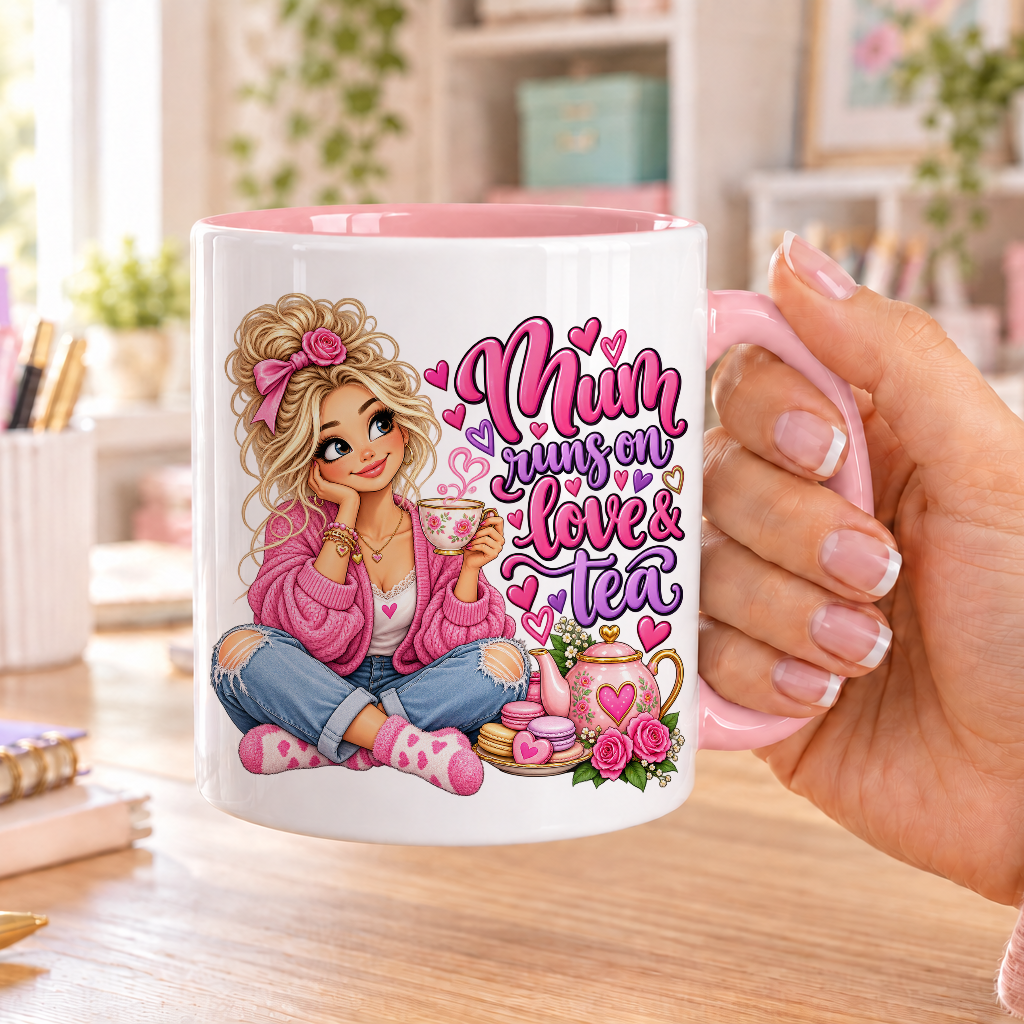 Mum Runs on Love and Tea design – white ceramic mug with pink handle and pink inside