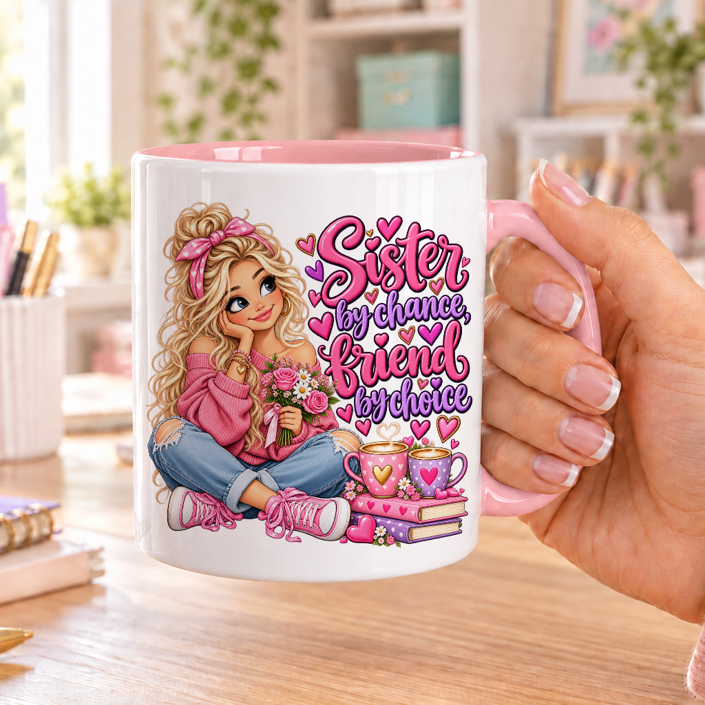 Sister by Chance Friend by Choice design – white ceramic mug with pink handle and pink inside