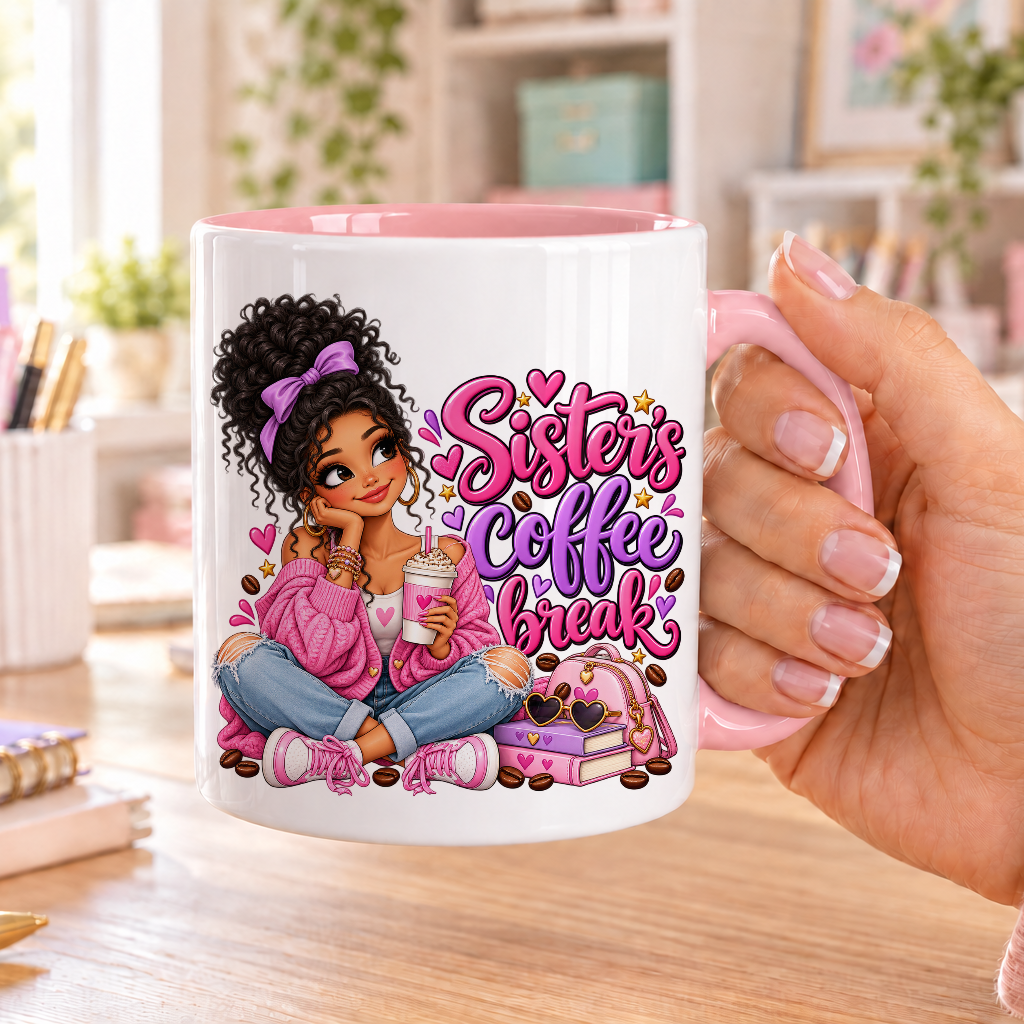 Sister's Coffee Break design – white ceramic mug with pink handle and pink inside