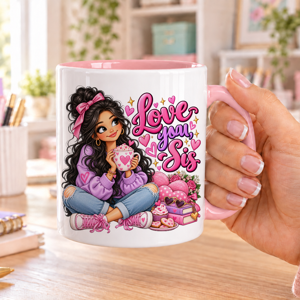 Love you Sis design – white ceramic mug with pink handle and pink inside