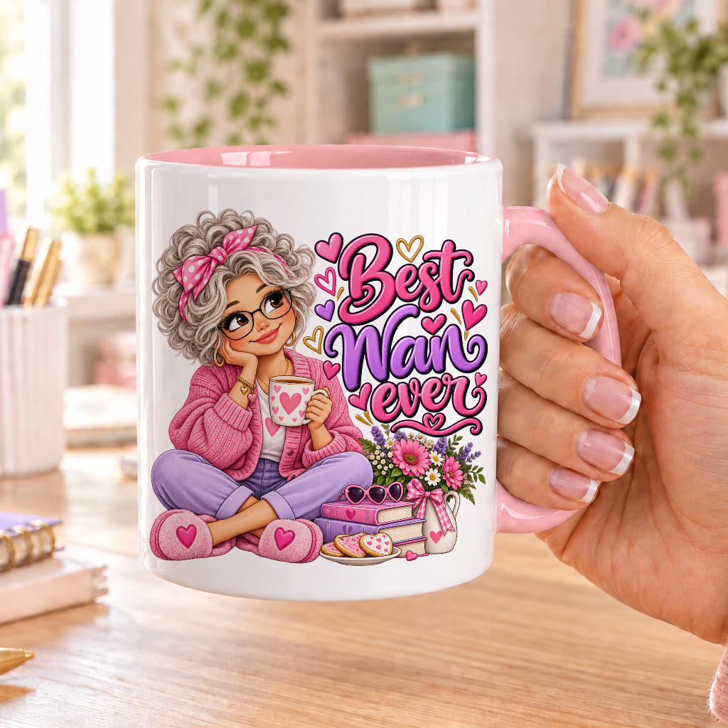 Best Nan Ever design – white ceramic mug with pink handle and pink inside