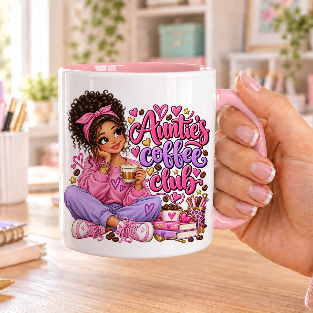 Auntie's Coffee Club design – white ceramic mug with pink handle and pink inside